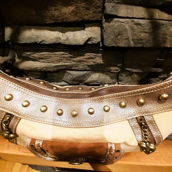 *SALE*KATHY VAN ZEELAND Canvas country studded brass crossbody rustic EUC - Picture 3 of 13